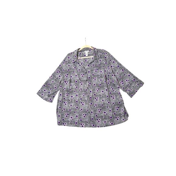 Catherine’s size 2X tunic black/purple floral button up three-quarter sleeve - Picture 1 of 5